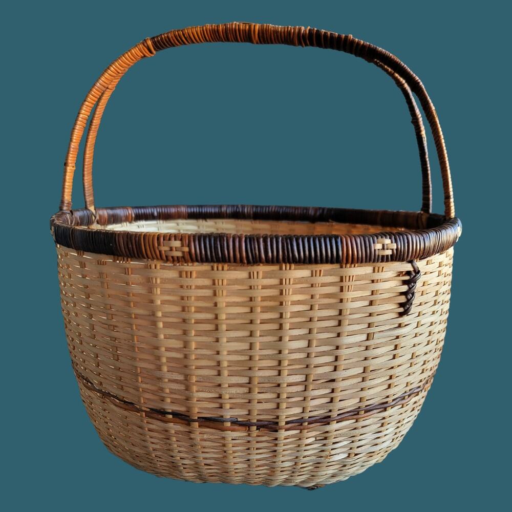 Vintage 1980s Handwoven Rattan & Nido Vine Handled Basket from the Philippines